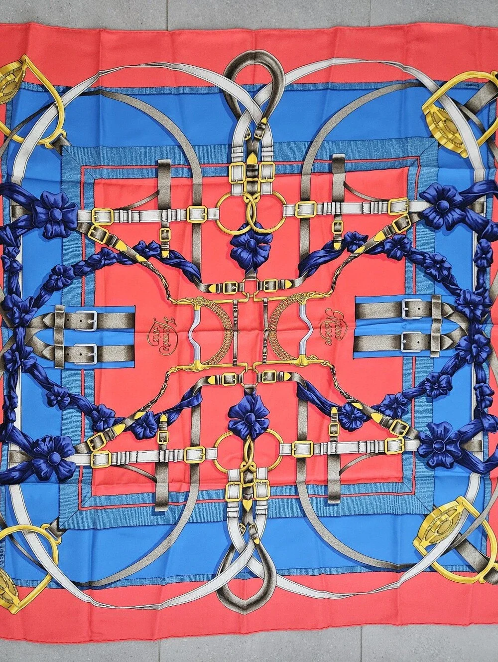 Hermes Red, Blue and Gold Equestrian Motif Silk Scarf 90X90cm  authentic